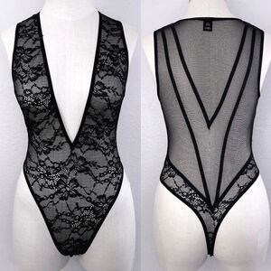 Victoria's Secret Black Floral Lace Teddy Deep Plunge Bodysuit